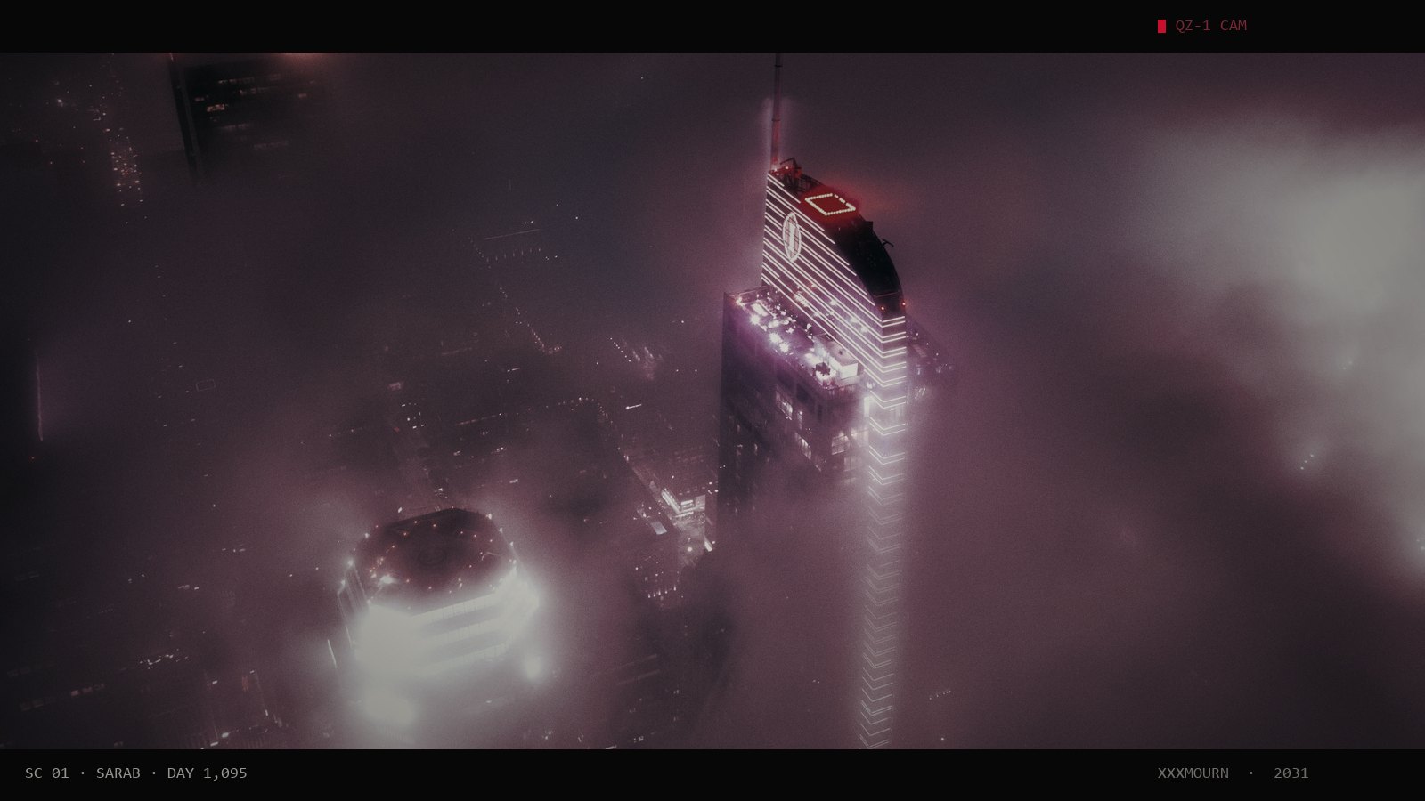 Aerial view of a fog-covered city at night, towers breaking through the cloud