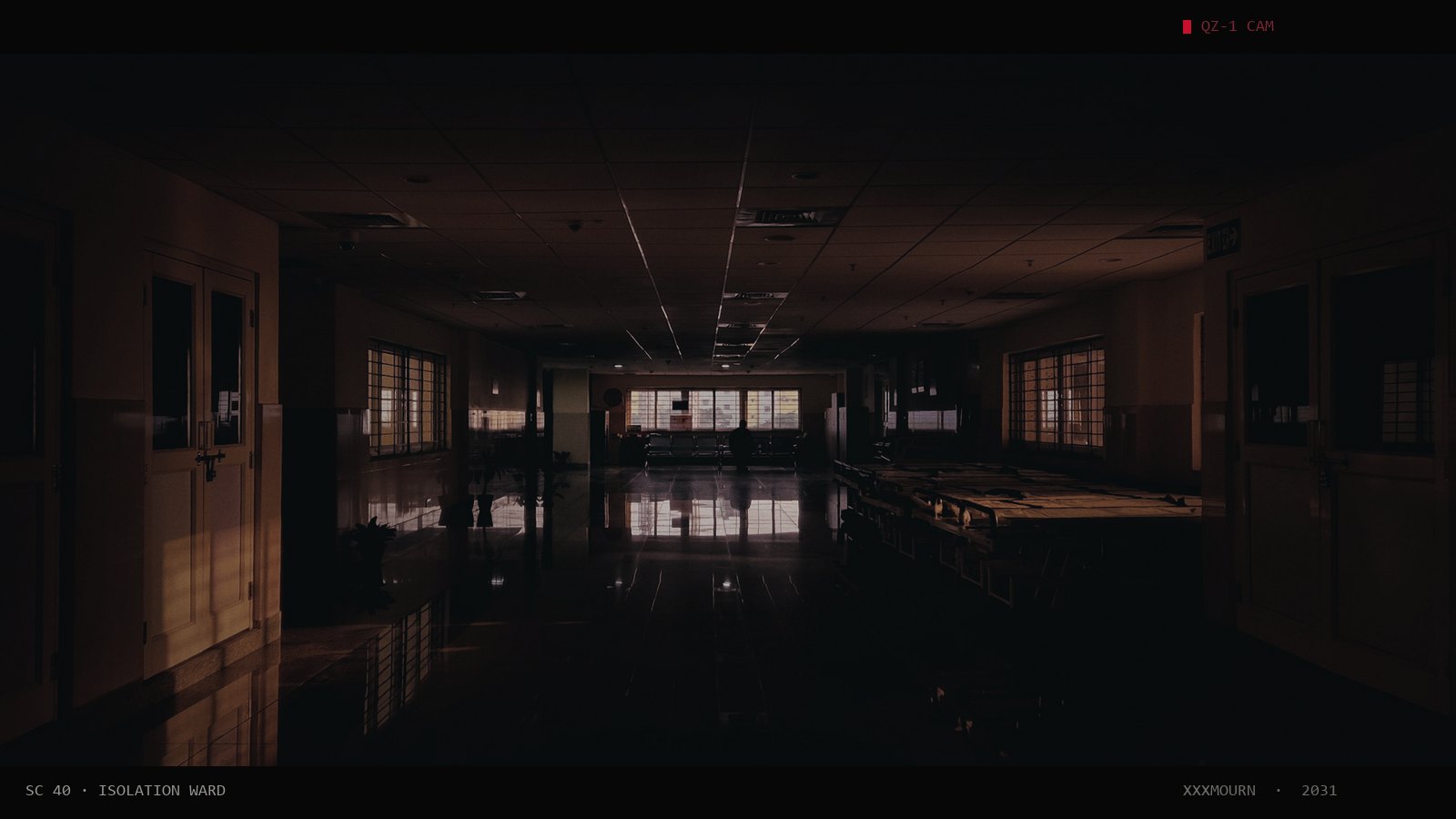 Dark abandoned hospital hallway with faint warm light